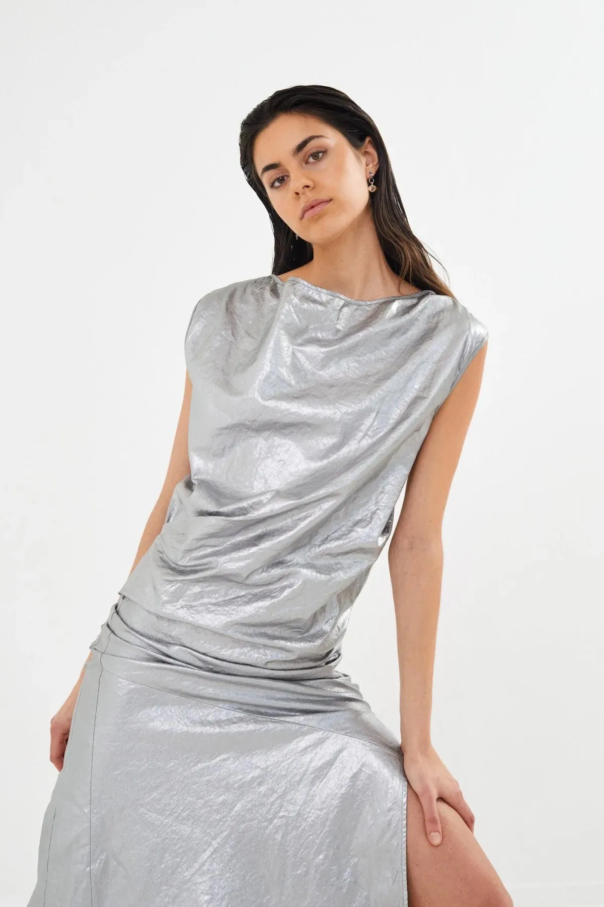Jamal Draped Dress in Antique Silver