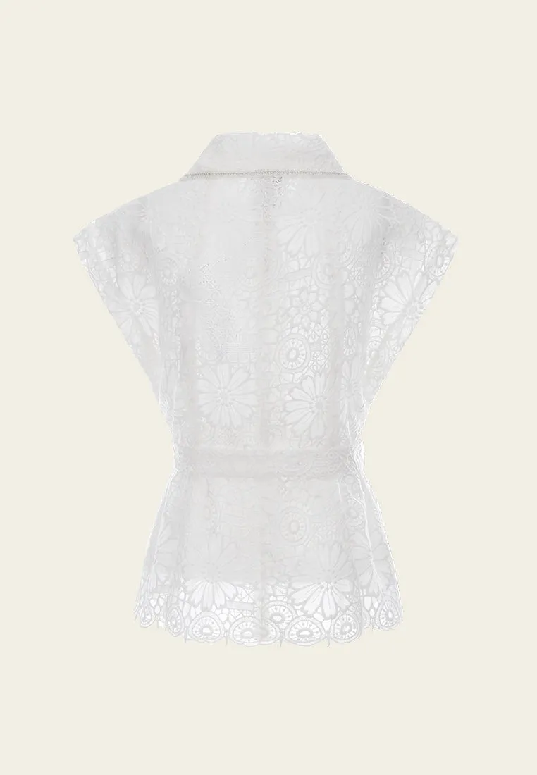 White Lace Cap Sleeves Tie-waist Vest