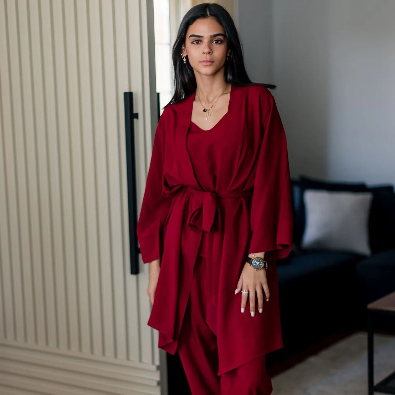 Women summer 3 piece pajama set  Dark Red Top   Dark Red kimono & Pants